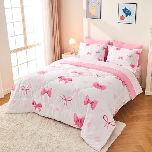 Wajade 7-Piece Pink Bow Twin Bedding Set for Girls