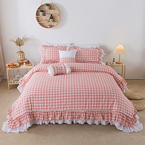 FADFAY Pink Swallow Grid Duvet Cover Set 4Pcs Cal King
