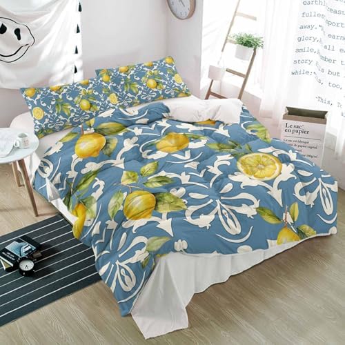 Alandar Home Duvet Cover Set Summer Lemon Leaves Yellow 3 Piece