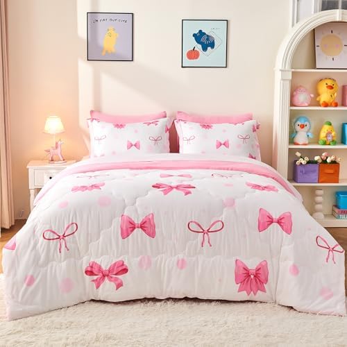 Wajade 7-Piece Pink Bow Twin Bedding Set for Girls