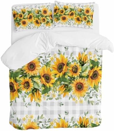 ZOE GARDEN Sunflower Plaid Queen Duvet Cover Set 3 Piece 1