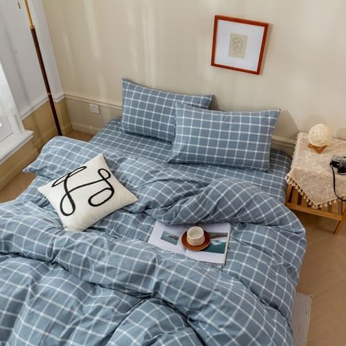BuLuTu Blue White Plaid Duvet Cover Twin Set