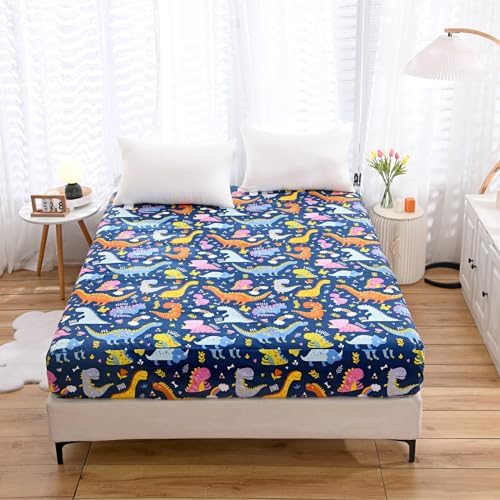 NATURETY Kids Fitted Sheet Deep Pocket Navy Blue Dinosaur Twin XL