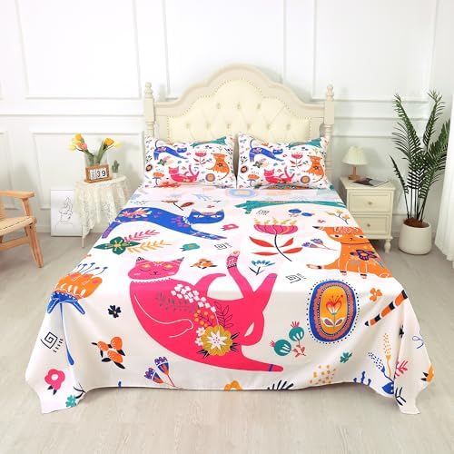 EDGZKO Queen Cat Sheet Set 4 Piece Kids Bedding