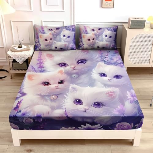 Cute Cat Fitted Sheet Toddler Bedding Set Twin Size