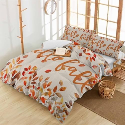 3 Piece Bedding Set Hello Autumn Orange Leaves Duvet Cover Pillow Shams