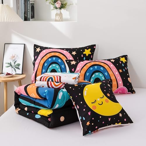 Btargot 5-Piece Black Rainbow Comforter Set for Kids