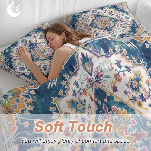 Navy Blue Boho Queen Duvet Cover Set with 2 Throw Pillows