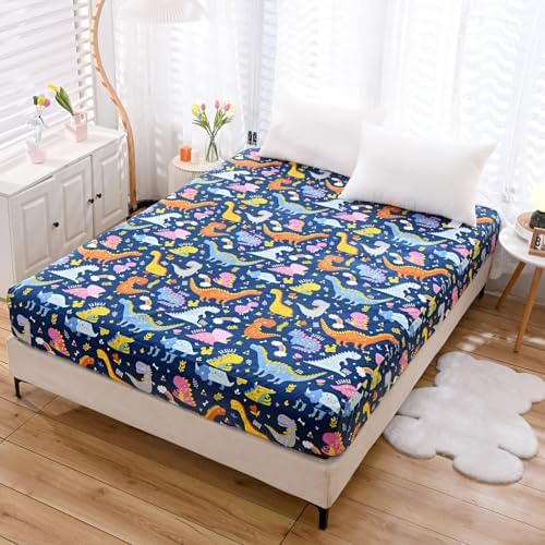 NATURETY Kids Fitted Sheet Deep Pocket Navy Blue Dinosaur Twin XL