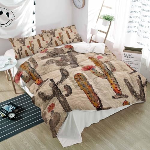 Brown Cactus Red Flowers Duvet Cover Set 3 Piece
