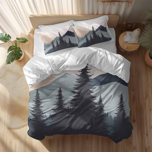 Sabolny Mountain Forest Queen Duvet Cover Set with Throw Pillowcases