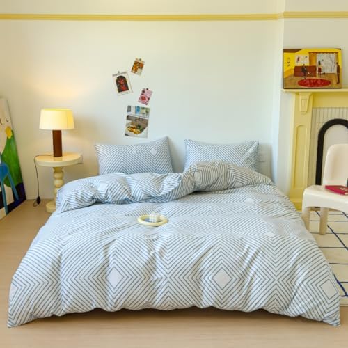 LIWHENHAO Cotton Duvet Cover Set Queen Blue Chain Striped Checked