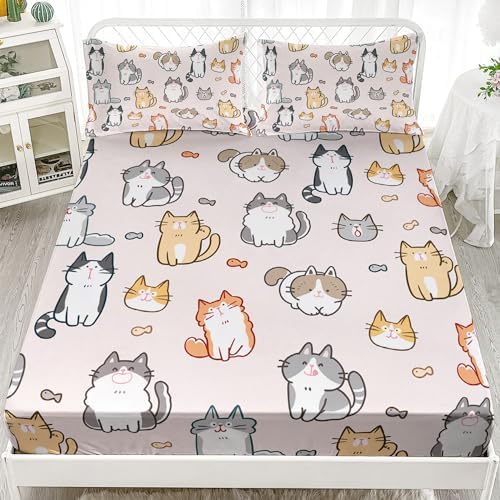 Kids Cat Fitted Sheet Set 3Pcs Cartoon Bedding for Boys Teens Adults