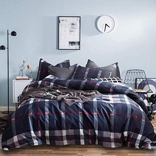 Houseri Navy Blue Plaid Comforter Set Queen