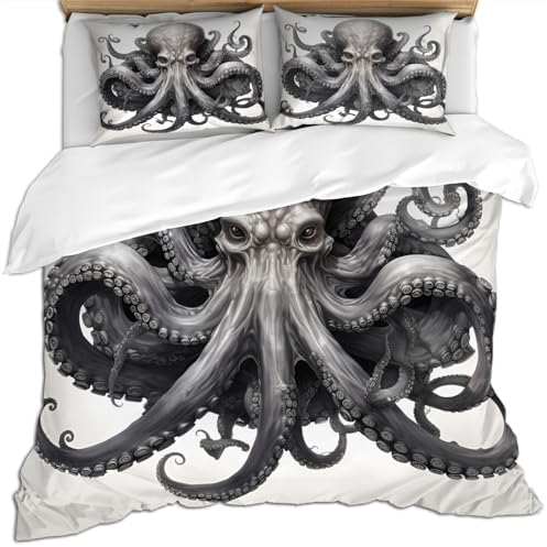 STRELEC Octopus Duvet Cover Set Queen Size Gray White