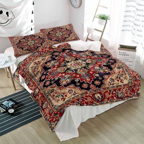 Alandar Home Tribal Red Flower Duvet Cover Set 3 Piece Ultra Soft Bedding