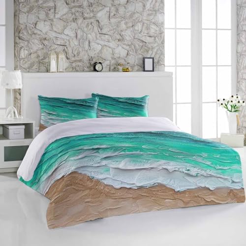 3 Piece Beach Waves Green Gradient Duvet Cover Set