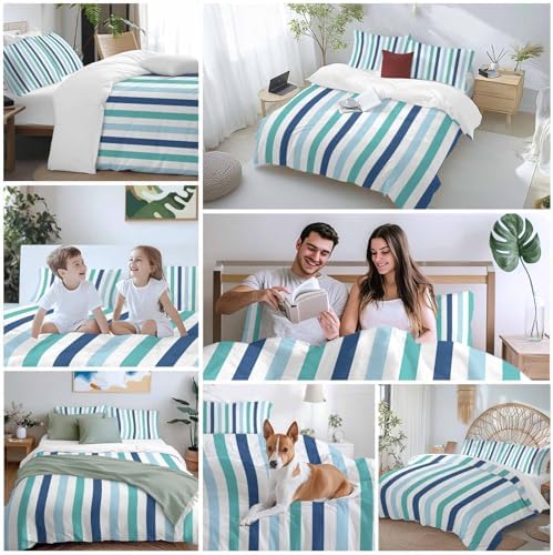 Teal Blue Stripe Queen Duvet Cover Set 3 Piece 1