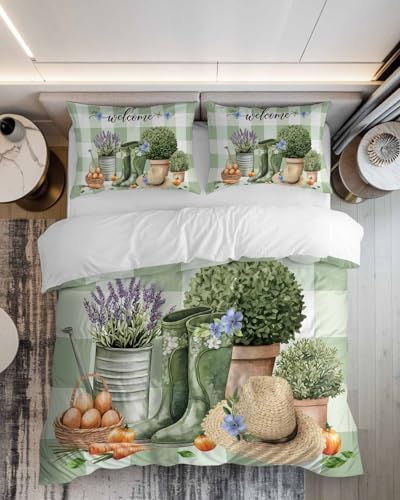 ZOE GARDEN Queen Duvet Cover Set 3 pcs with Plaid Pillowcases
