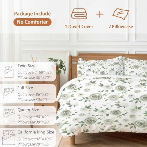 Sage Flower Bedding Queen Duvet Set 3 Pieces