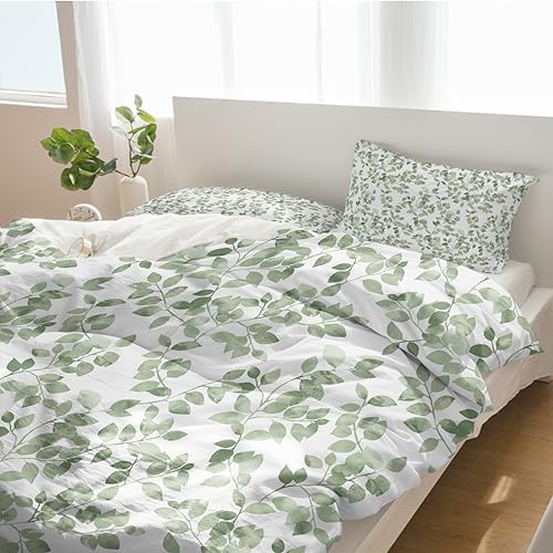 Alandar Home Queen Duvet Cover Set with Green Leaves Pattern