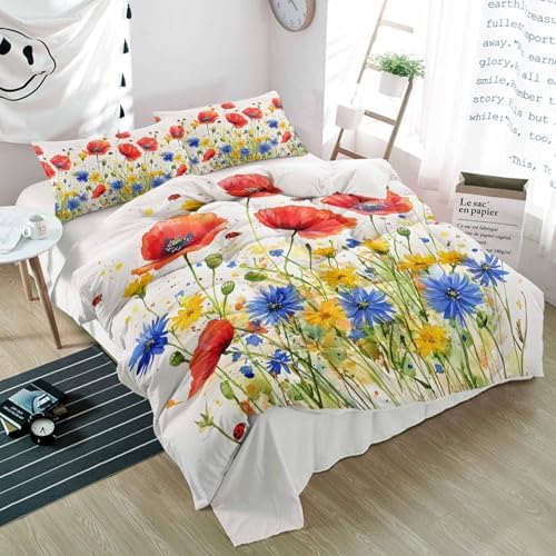 Alandar Home 3 Piece Bedding Set - Floral Poppy Duvet Cover Pillow Shams