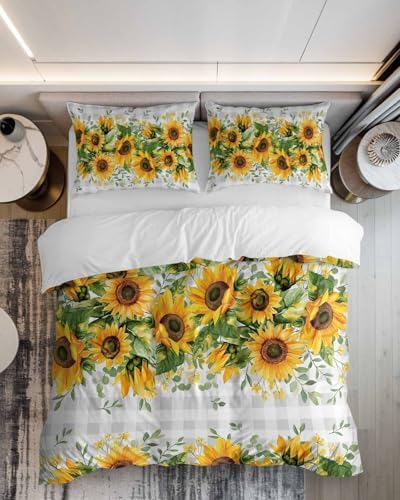 ZOE GARDEN Sunflower Plaid Queen Duvet Cover Set 3 Piece 1