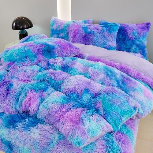 ZRNBAST Shaggy Duvet Cover Set Twin Size Blue Purple Tie Dye