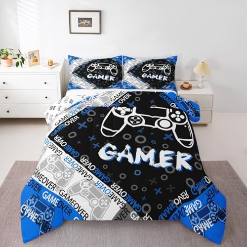 Feelyou Kids Gamer Comforter Set Blue Black Grey