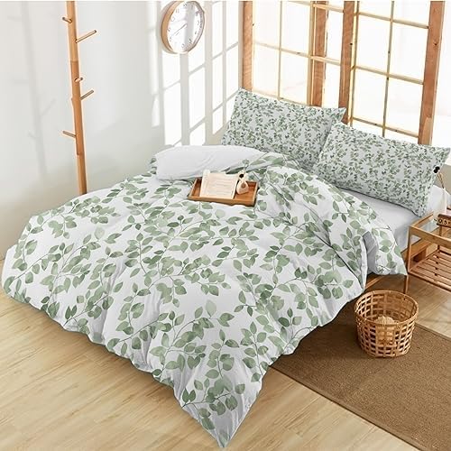 Alandar Home Queen Duvet Cover Set with Green Leaves Pattern