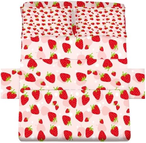 FUYEUN Pink Strawberry Sheet Set for Kids and Teens