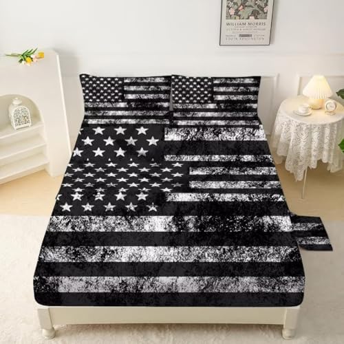 Kxry Black and White USA Flag Fitted Sheet Set for Boys