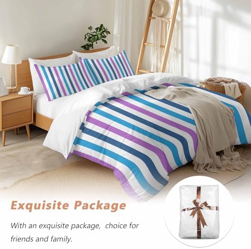 Sabolny Blue Purple Stripe Queen Duvet Cover Set 3 Piece