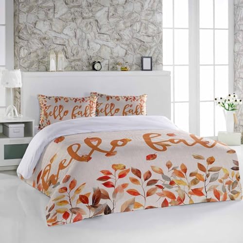 3 Piece Bedding Set Hello Autumn Orange Leaves Duvet Cover Pillow Shams