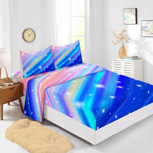 Nttopship Blue Rainbow Glitter Kids Bed Sheet Set