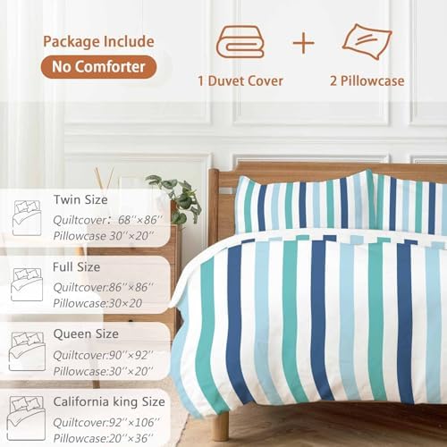 Teal Blue Stripe Queen Duvet Cover Set 3 Piece 1
