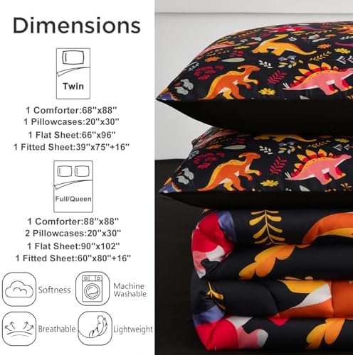 ALAOOKKA Dinosaur Twin Bed Set 4 Piece Comforter Kids