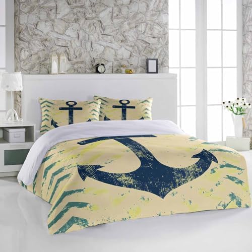 3 Piece Bedding Set Retro Nautical Anchor Yellow Duvet Cover Pillow Shams