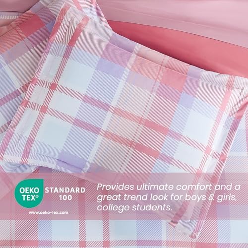 Violet Pink Plaid Comforter Set for Girls 7 Piece