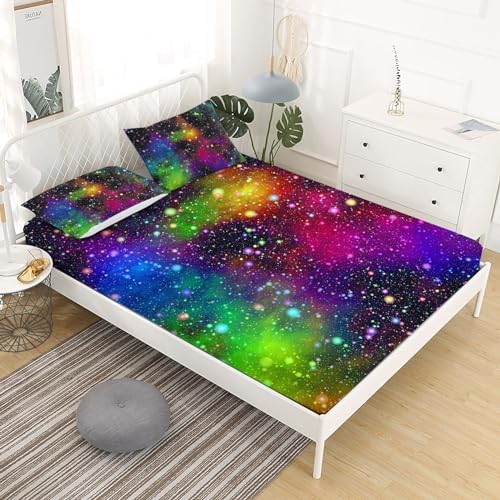 Rainbow Galaxy Queen Fitted Sheet Set 3PCS