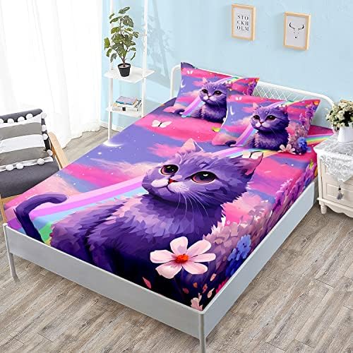 HOSIMA Cat Fitted Sheet with Rainbow Flowers and Pillowcases - Purple