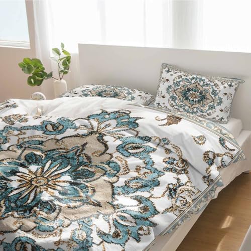 3 Piece Bohemian Bedding Set with Blue Flowers