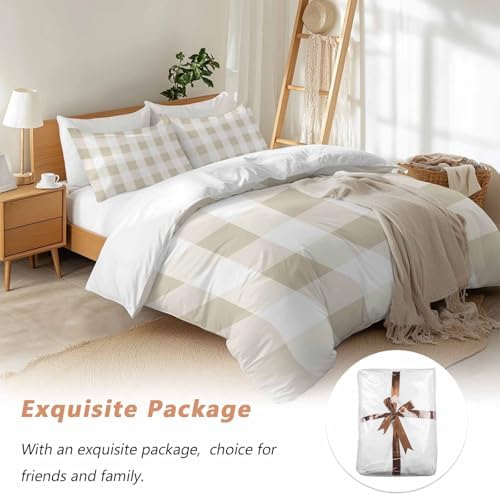 Sabolny Beige White Plaid Queen Duvet Cover Set 3 Piece