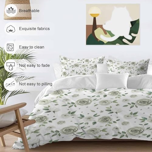 Sage Flower Bedding Queen Duvet Set 3 Pieces