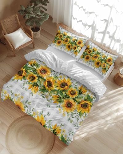 ZOE GARDEN Sunflower Plaid Queen Duvet Cover Set 3 Piece 1