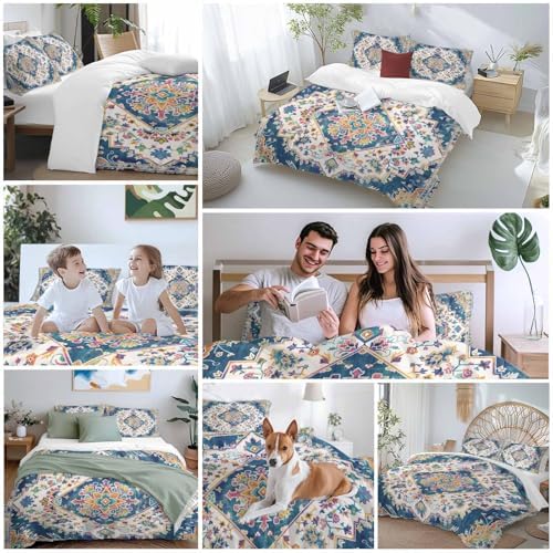 Navy Blue Boho Queen Duvet Cover Set with 2 Throw Pillows