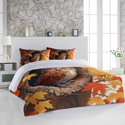 3 Piece Thanksgiving Owl Duvet Cover Set with Pillow Shams