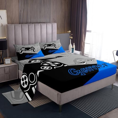 Feelyou Kids Gamer Bed Sheet Set Blue Black Queen