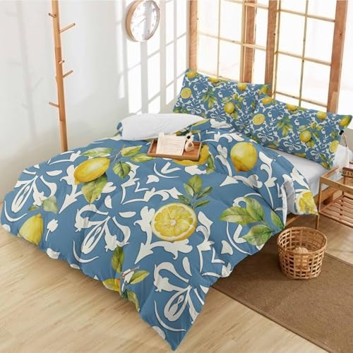 Alandar Home Duvet Cover Set Summer Lemon Leaves Yellow 3 Piece