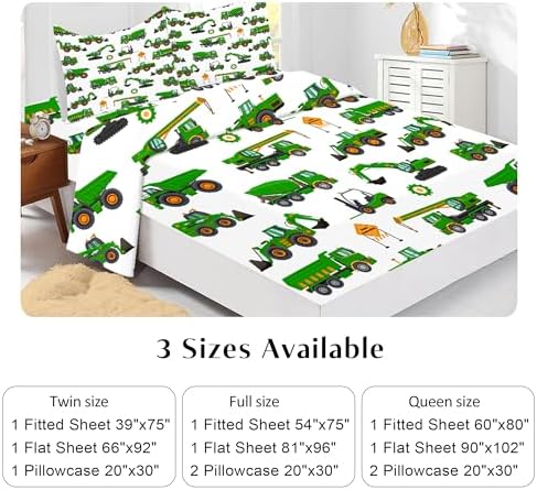 EDGZKO Green Tractor Kids Twin Sheet Set